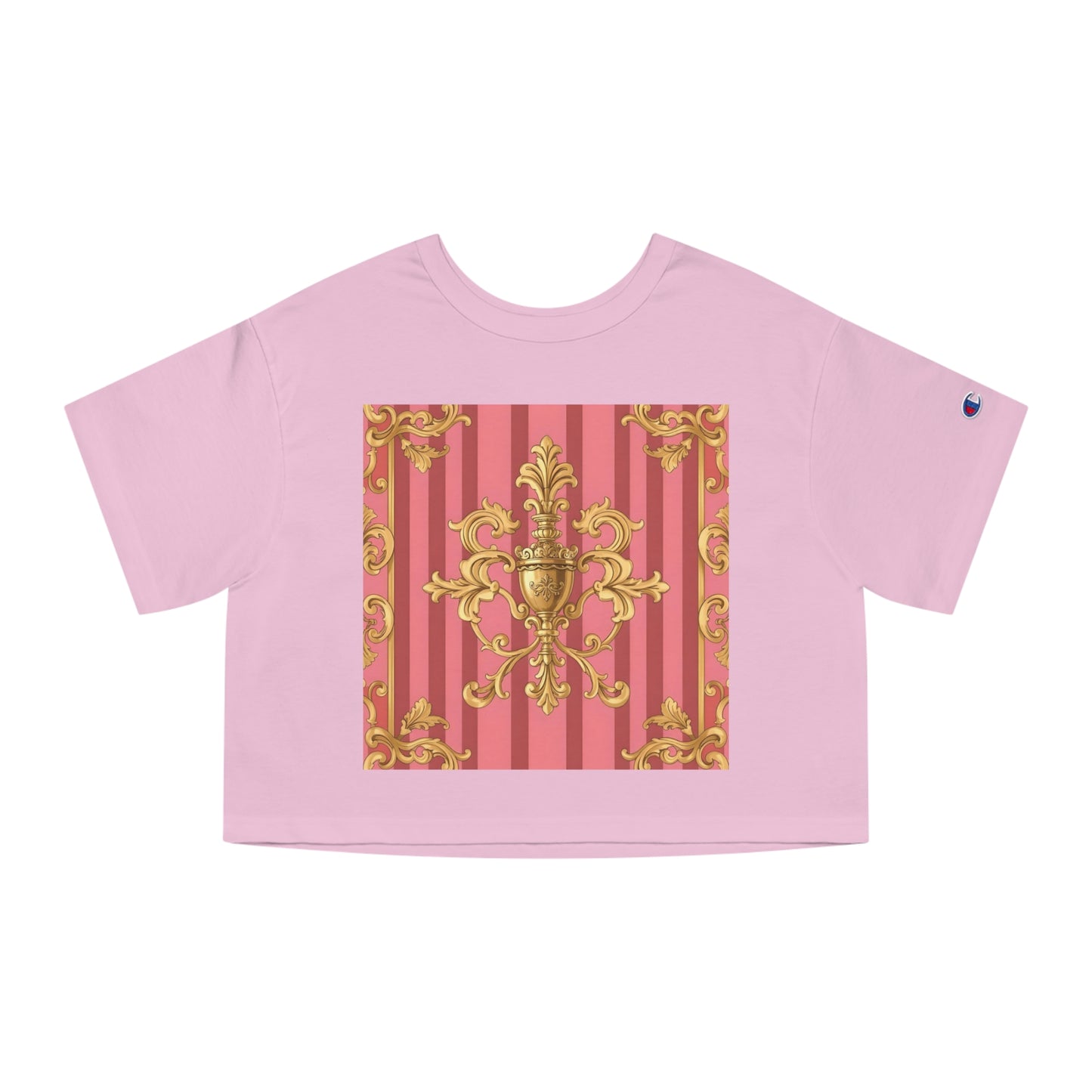 Chic Cropped T-Shirt, Elegant Fashion Top, Vintage Style Tee, Spring/Summer Casual Wear, Trendy Graphic Shirt - Pink Striped Gold Baroque