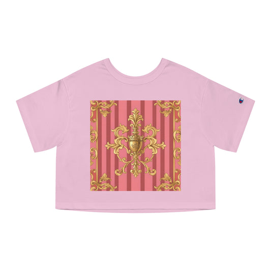 Chic Cropped T-Shirt, Elegant Fashion Top, Vintage Style Tee, Spring/Summer Casual Wear, Trendy Graphic Shirt - Pink Striped Gold Baroque