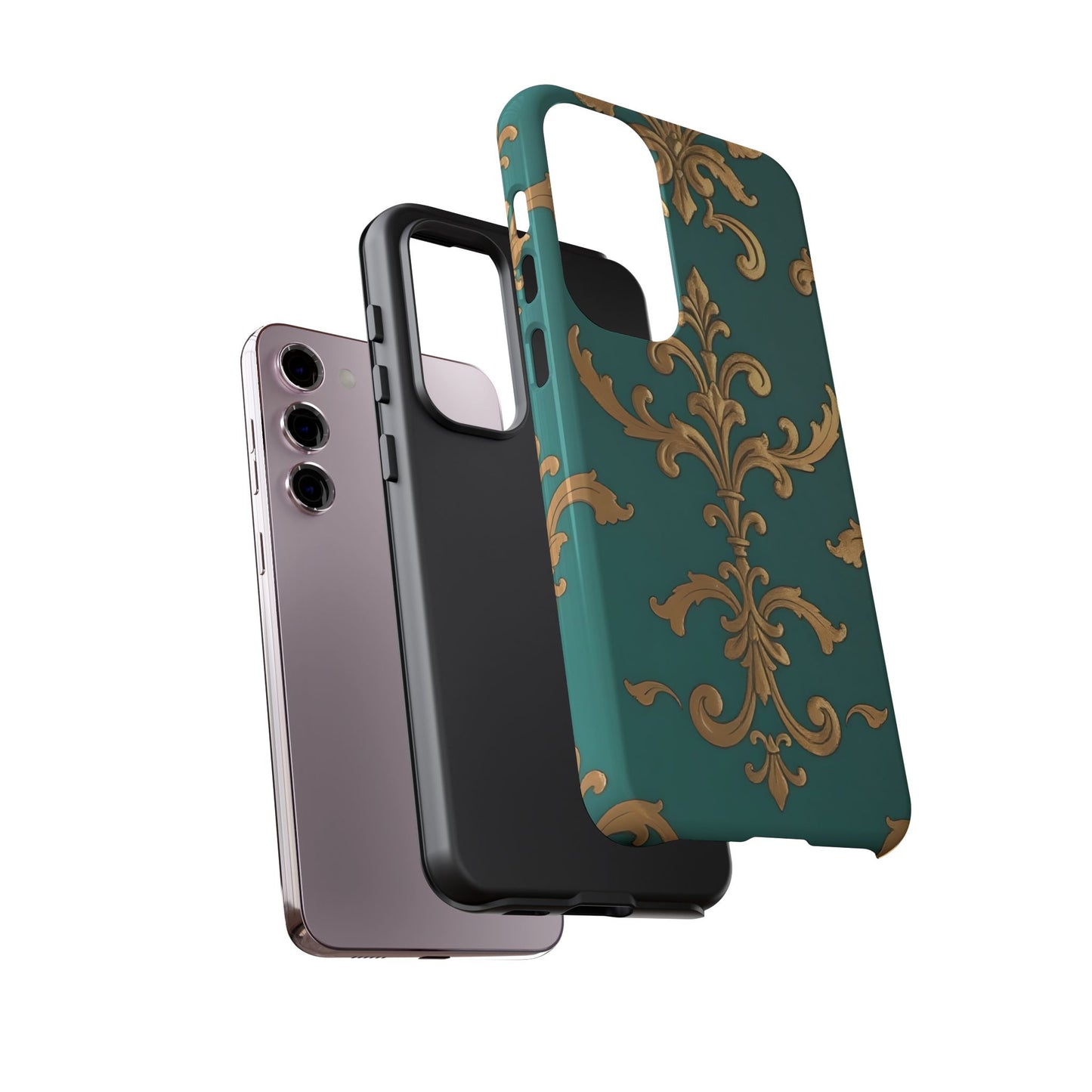 Elegant Floral Motif Phone Case - Tough Cases with Vintage Design - Aqua & Gold Damask