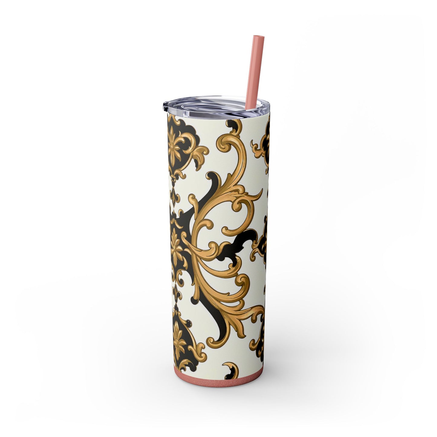 Elegant Gold Floral Skinny Tumbler, 20oz | Insulated Cup for Hot & Cold Drinks, Travel Mug, Gift for Mom, Stylish Drinkware - Black & Gold Rococo