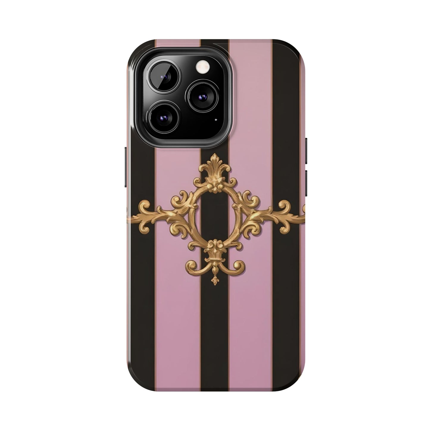 Stylish Tough Phone Case for Elegant Protection, Fashionable Accessories, Smartphone Cover - Matte Lavender & Black Striped Gold Baroque