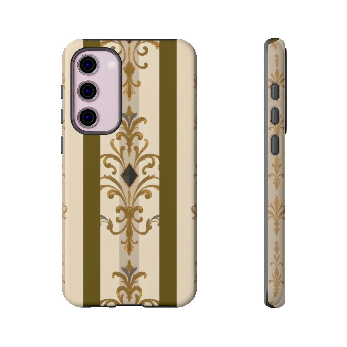 Elegant Floral Motif Phone Case - Tough Cases with Vintage Design - Olive Striped Gold Damask