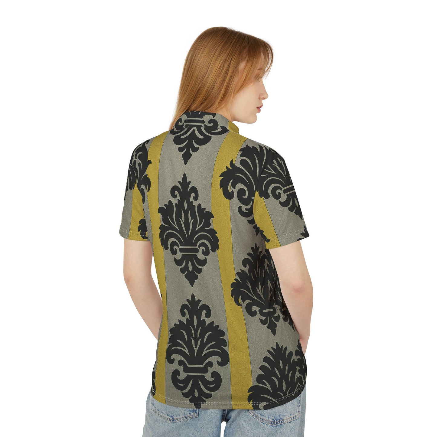 Chic Unisex Polo Shirt with Striking Pattern - Perfect for Casual Outings, Weekend Getaways - Silver & Gold Striped Black Baroque