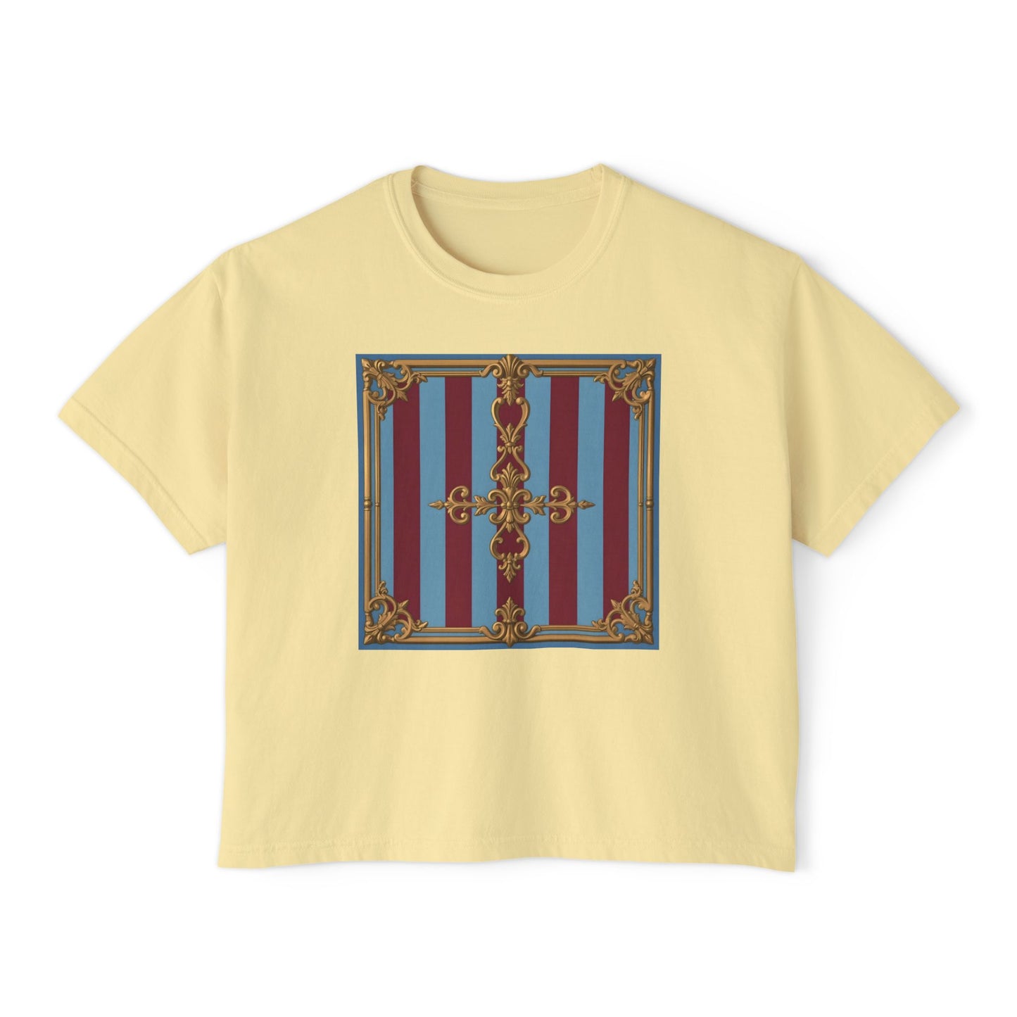 Baroque Women's Boxy Tee, Vintage Style T-shirt for Festivals, Casual Wear, Summer Outfits, Gift for Her - Sky Blue & Maroon Striped Baroque