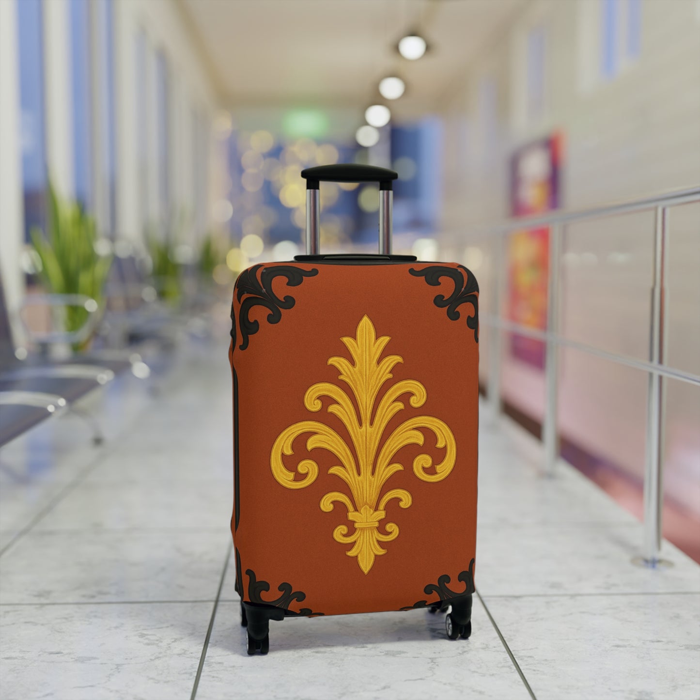 Dusk Terracotta Baroque - Vintage Gold Baroque Design Luggage Cover — Elegant Golden Scroll Travel Protector