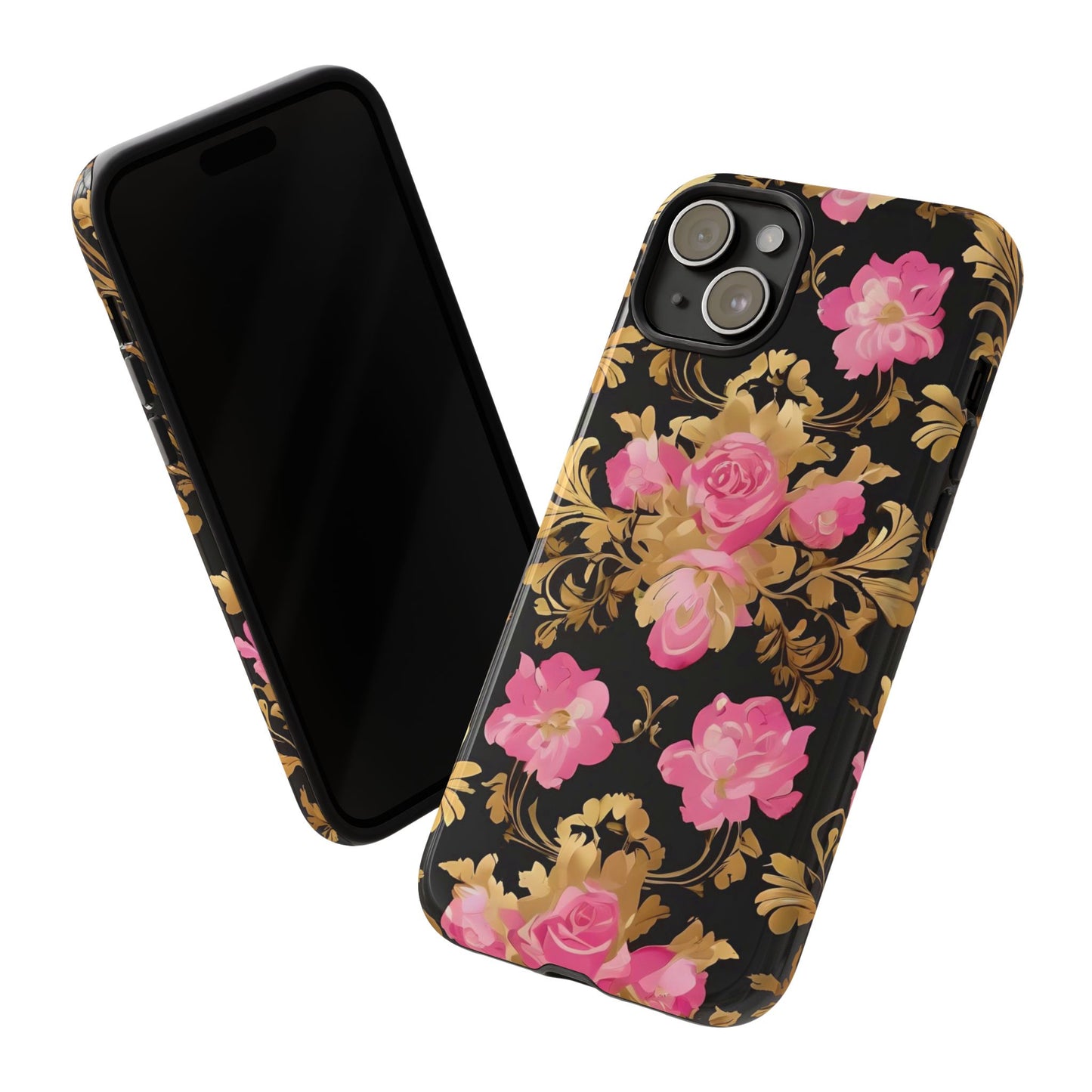 Elegant Floral Motif Phone Case - Tough Cases with Vintage Design - Pink & Gold Roses