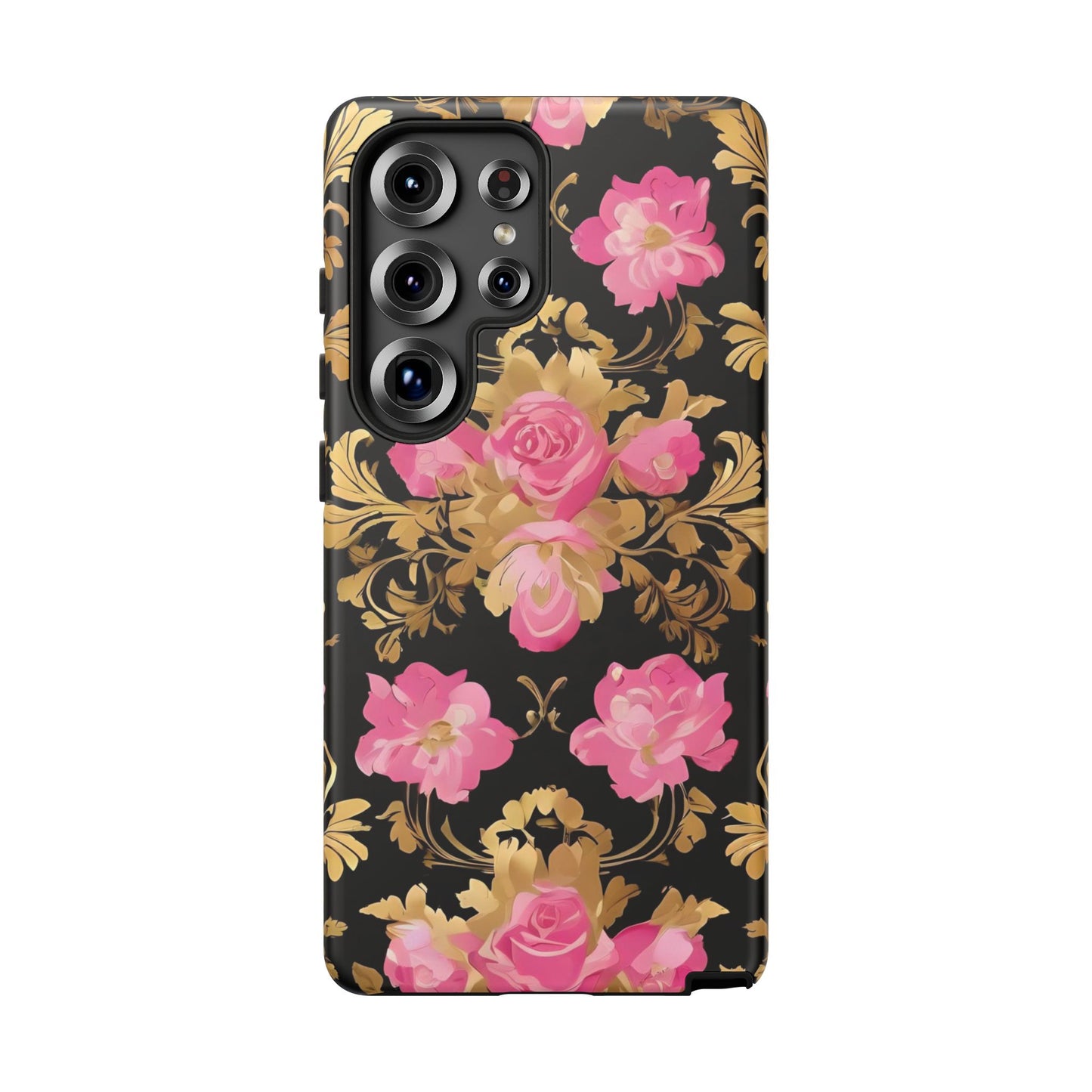Elegant Floral Motif Phone Case - Tough Cases with Vintage Design - Pink & Gold Roses