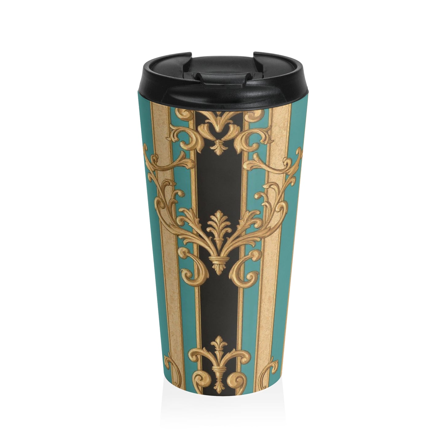 Elegant Black, Tan & Ocean Green Striped Gold Baroque Vintage Floral Stainless Steel Travel Mug | Personalized Travel Cup, Gift for Her