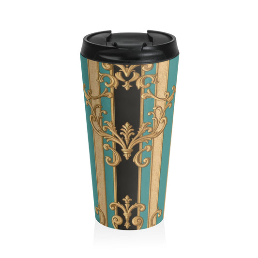 Elegant Black, Tan & Ocean Green Striped Gold Baroque Vintage Floral Stainless Steel Travel Mug | Personalized Travel Cup, Gift for Her