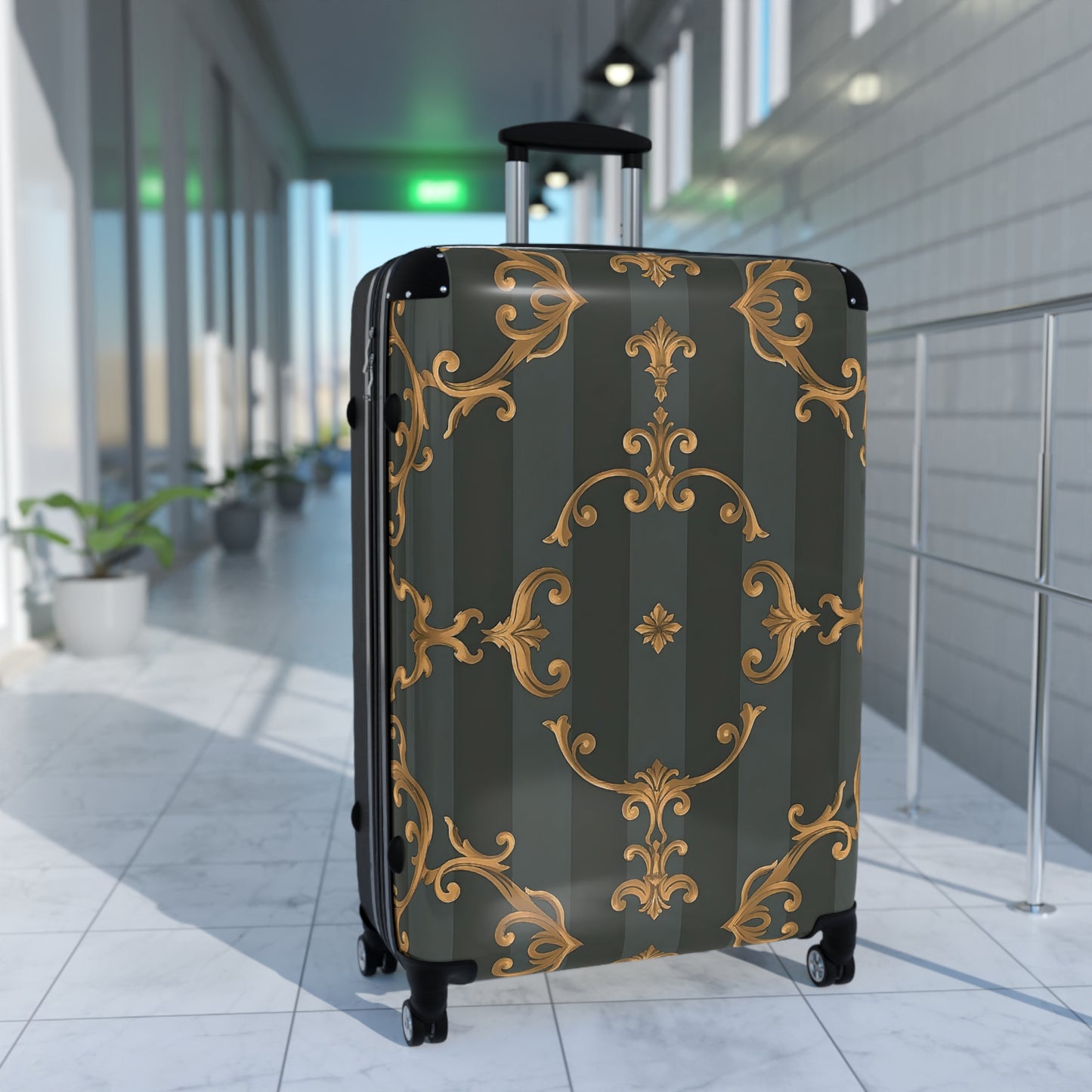 Elegant Vintage Design Suitcase - Travel Accessories, Luggage, Personalized Gift, Vacation Travel - Gray Striped Baroque
