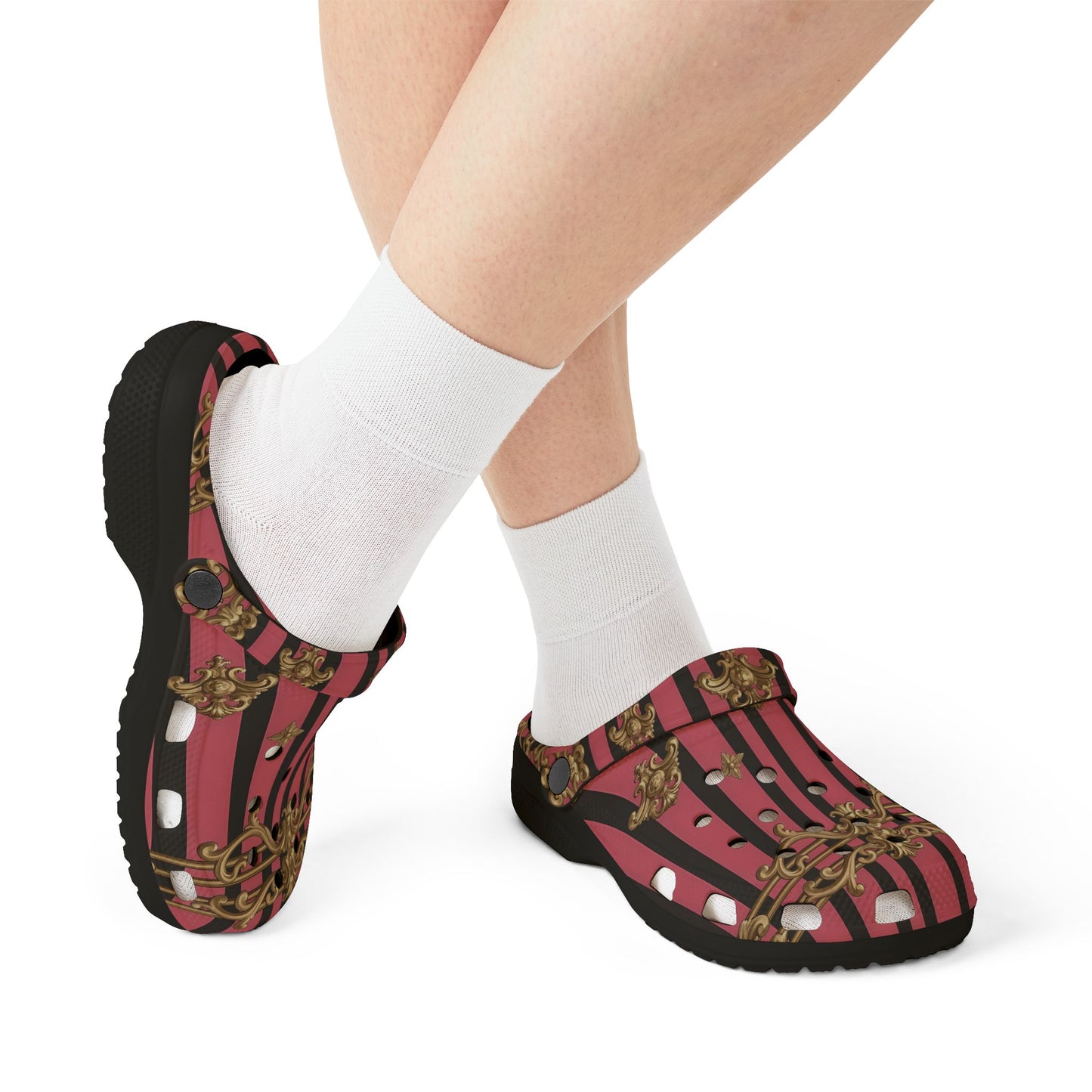 Chic Comfort EVA Foam Clogs, Stylish Slip-On Shoes for Home, Garden, and Casual Outings, Fashionable Footwear - Pink Striped Gold Rococo