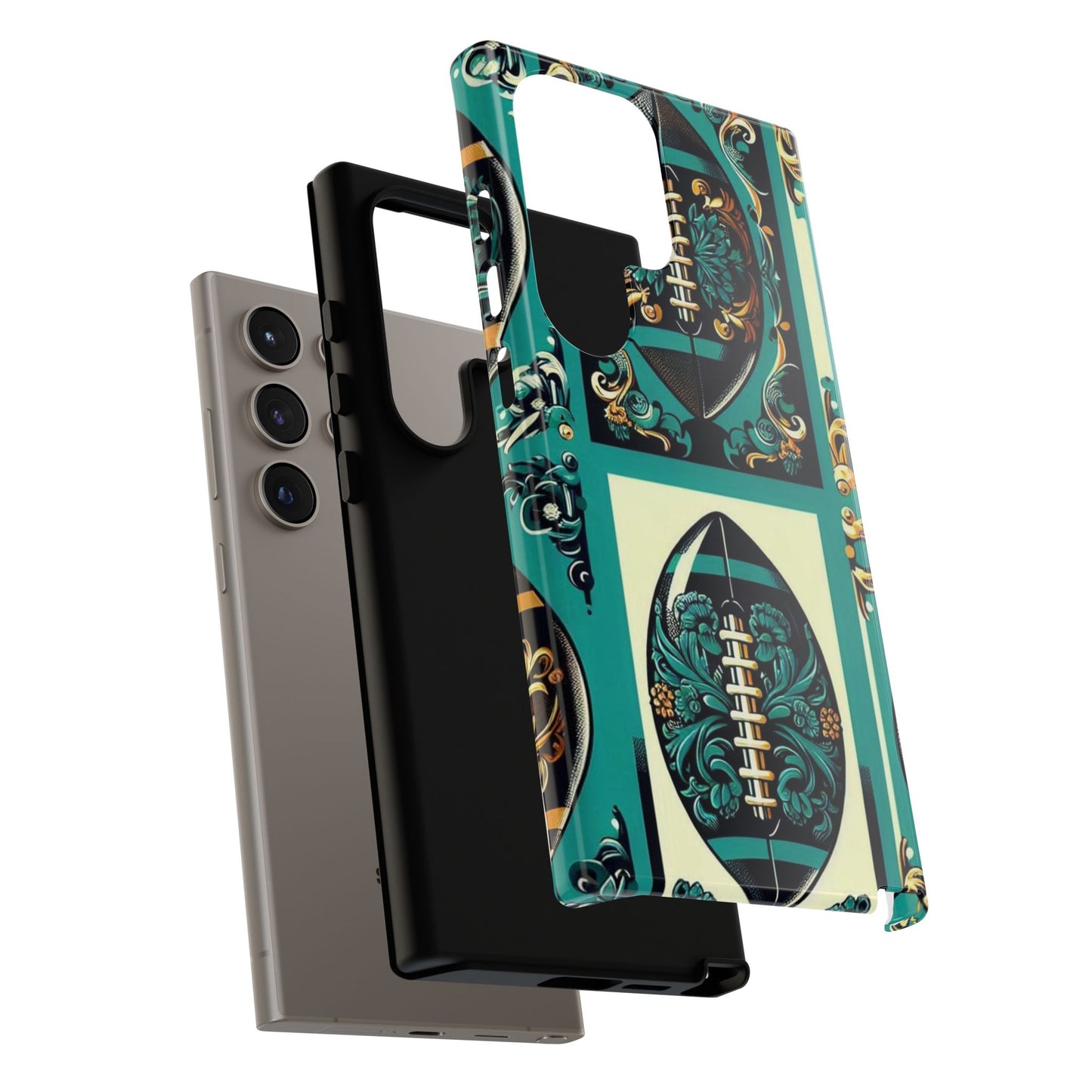 Elegant Floral Motif Phone Case - Tough Cases with Vintage Design -  Damask Teal, Gold & Black Footballs