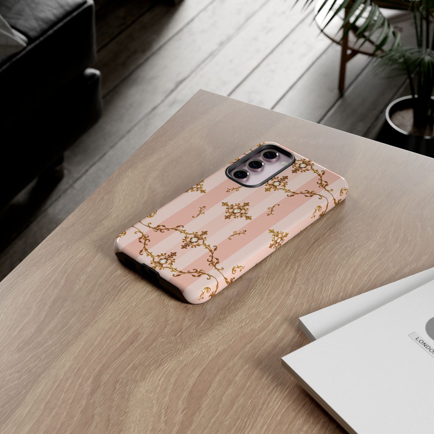 Elegant Floral Phone Case, Tough Cases for Women, Trendy Phone Cover, Chic Gift - Pink Jeweled Striped Gold Baroque