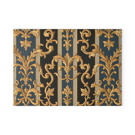 Elegant Glass Cutting Board with Vintage Gold Floral Design, Kitchen Decor, Housewarming Gift - Blue & Black Striped Rococo