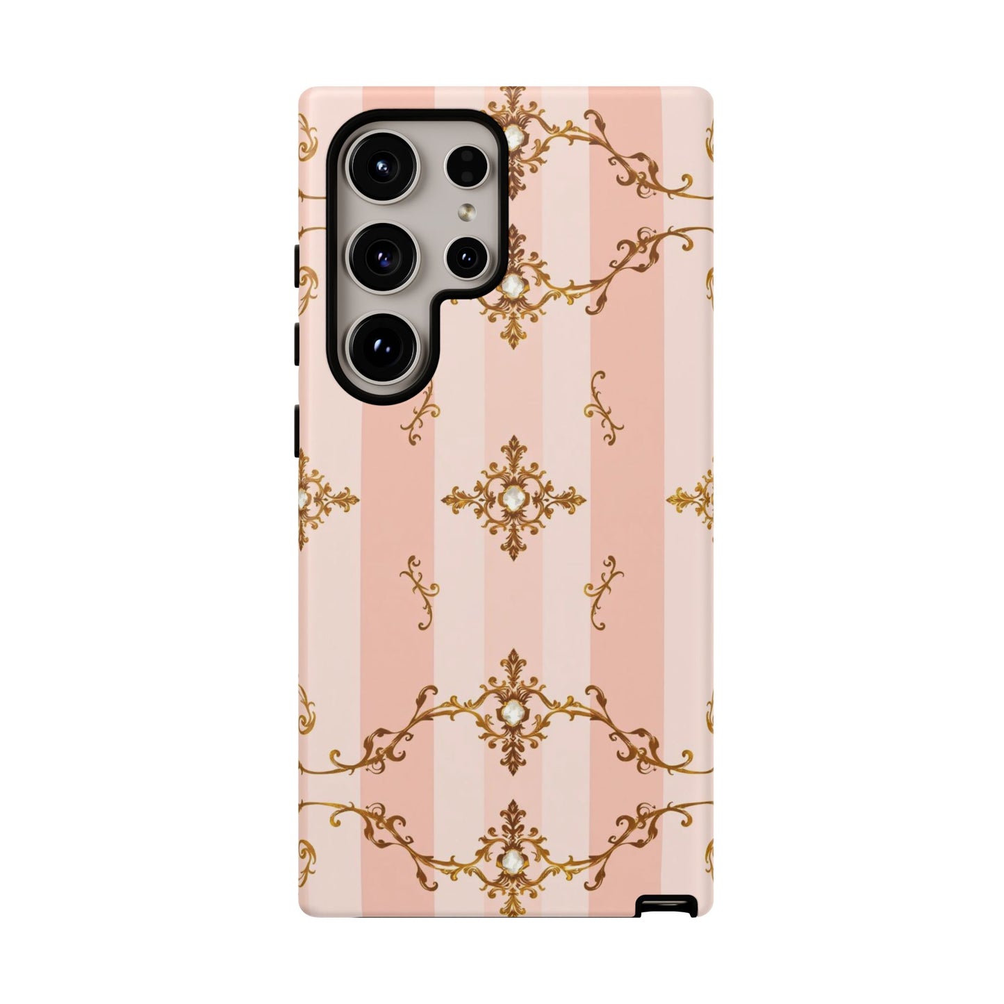 Elegant Floral Phone Case, Tough Cases for Women, Trendy Phone Cover, Chic Gift - Pink Jeweled Striped Gold Baroque