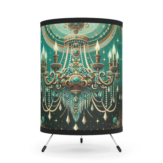 Chic Tripod Lamp with Vintage Chandelier Shade, Indoor Decor, Bedroom Lighting, Home Aesthetic, Unique Gift - Green & Gold Jeweled Chandelier