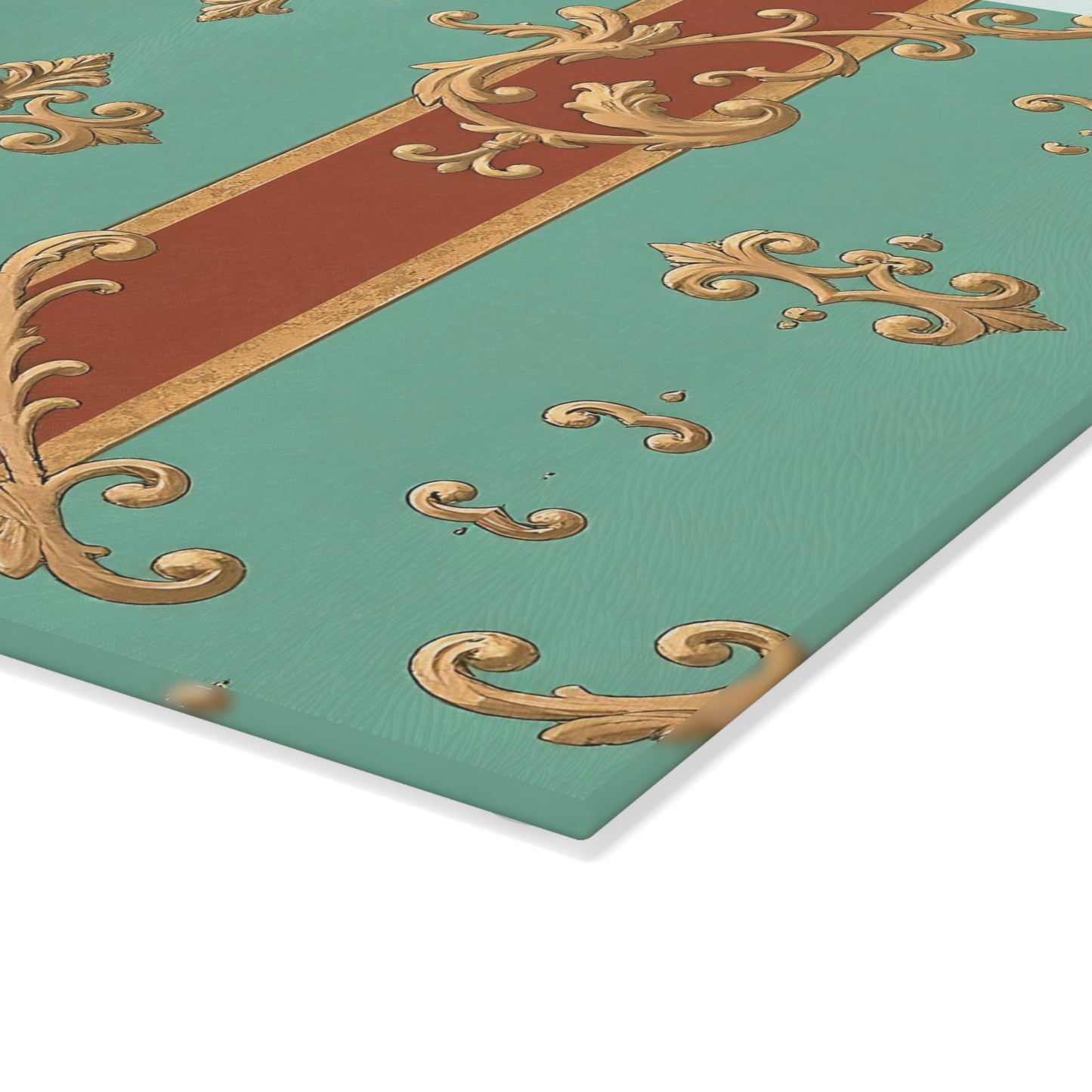 Elegant Decorative Glass Cutting Board, Kitchen Decor, Gift for Chefs, Home Decor, Wedding Gift - Rust & Mint Aqua Striped Baroque