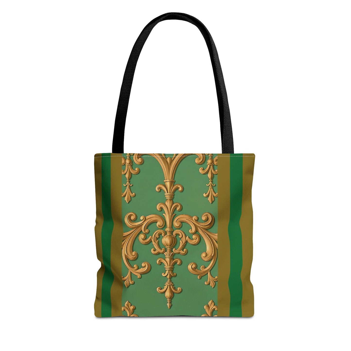 Ornate Floral Tote Bag, Chic Shopping Bag, Fashionable Eco Tote, Stylish Gift for Her, Versatile Everyday Use - Olive Green Striped Rococo