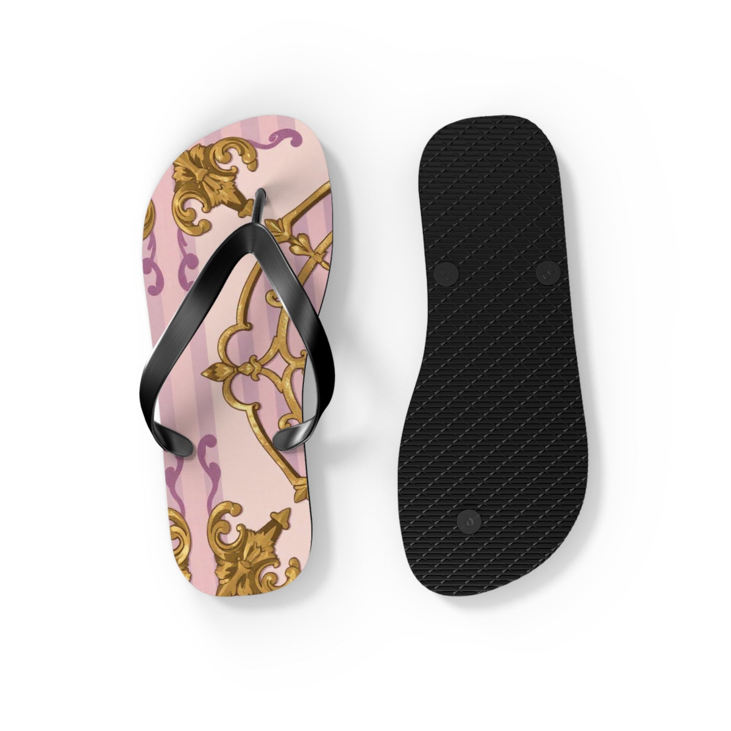 Elegant Lavender & Alabaster Striped Gold Baroque Flip Flops - Perfect for Summer Days, Beach Trips, Pool Parties, Vacation, and Relaxing at Home