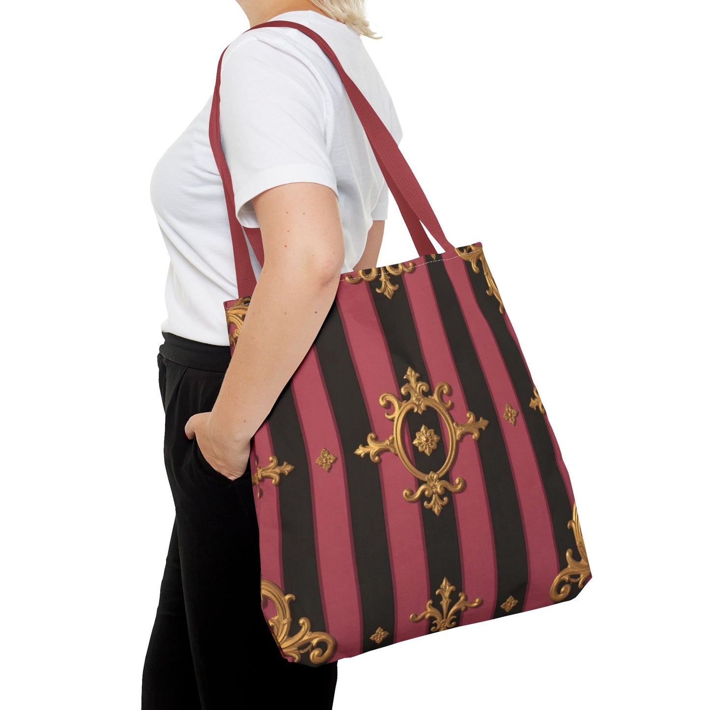 Elegant Black & Mauve Striped Gold Baroque Tote Bag - Chic Fashion Accessory, Shopping Companion, Decorative Carryall, Stylish Everyday Use