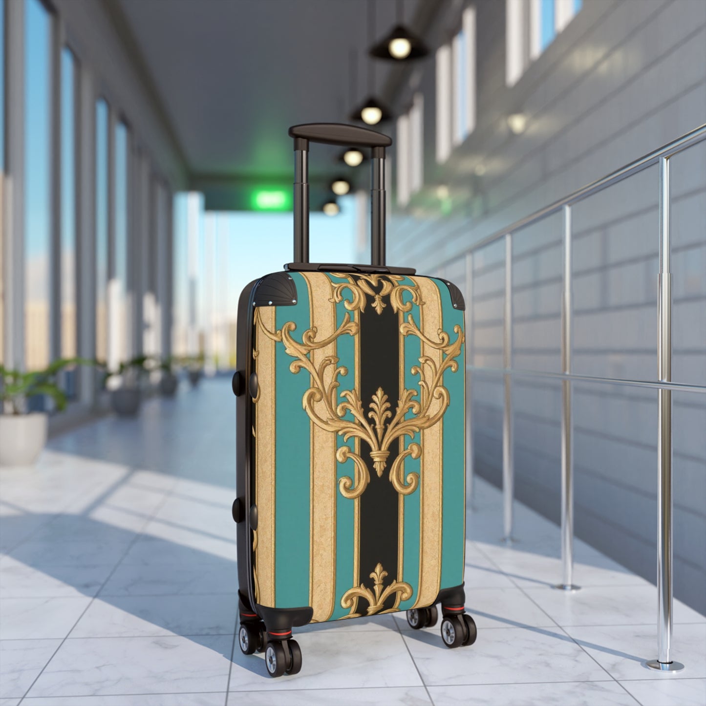 Stylish Black, Tan & Ocean Green Striped Gold Baroque Travel Suitcase, Luggage for Adventurers, Unique Gift for Travelers, Vintage Design