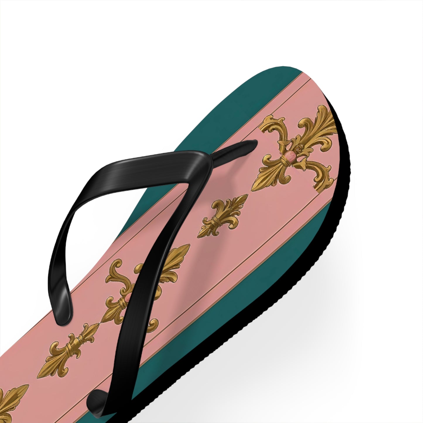 Chic Floral Flip Flops, Summer Sandals, Beach Footwear, Vacation Slides, Stylish Summer Accessories - Pink & Teal Striped Gold Baroque