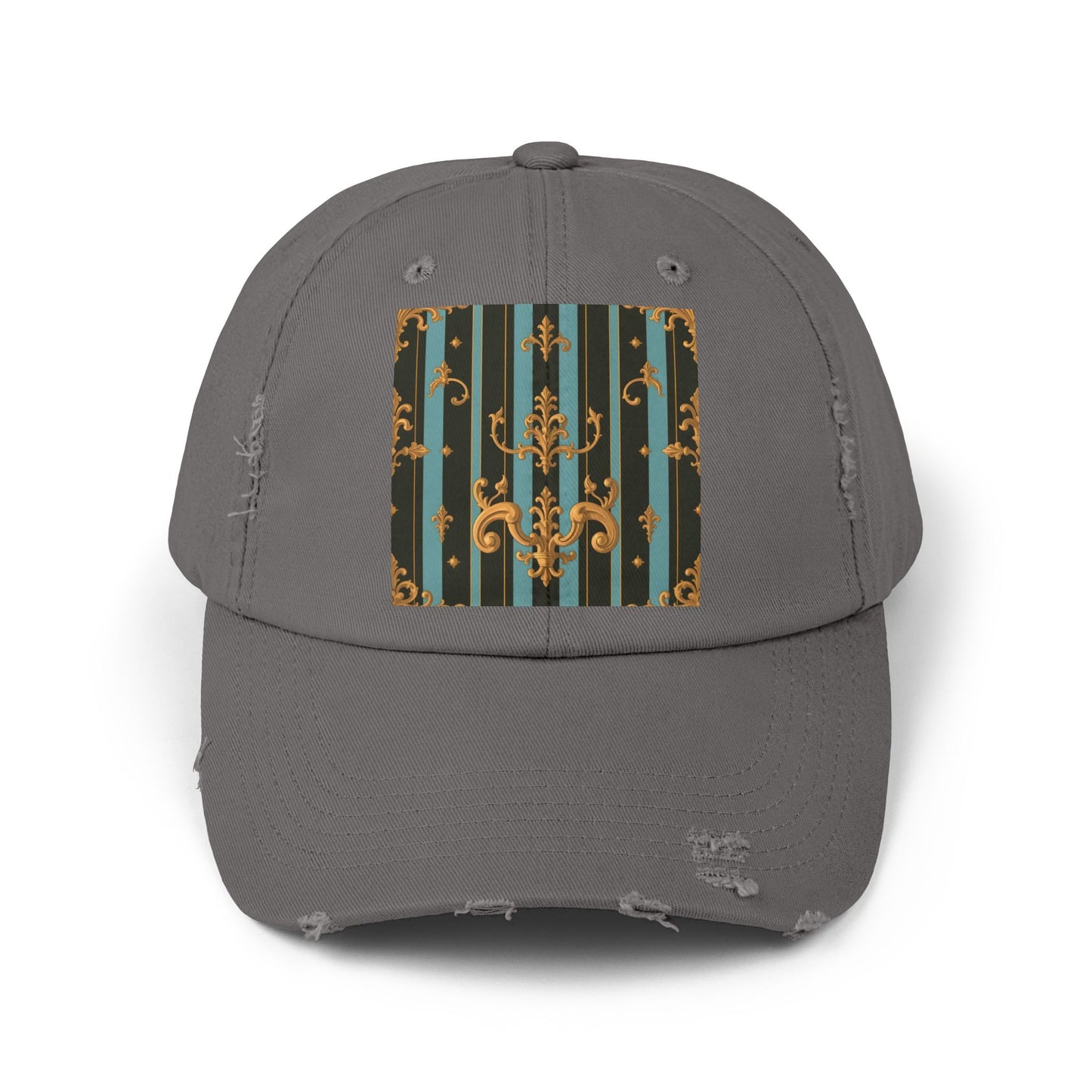 Vintage-Inspired Unisex Distressed Cap with Elegant Stripes and Ornate Design, Casual Hat for Fashion Lovers - Black & Turquoise Striped Baroque
