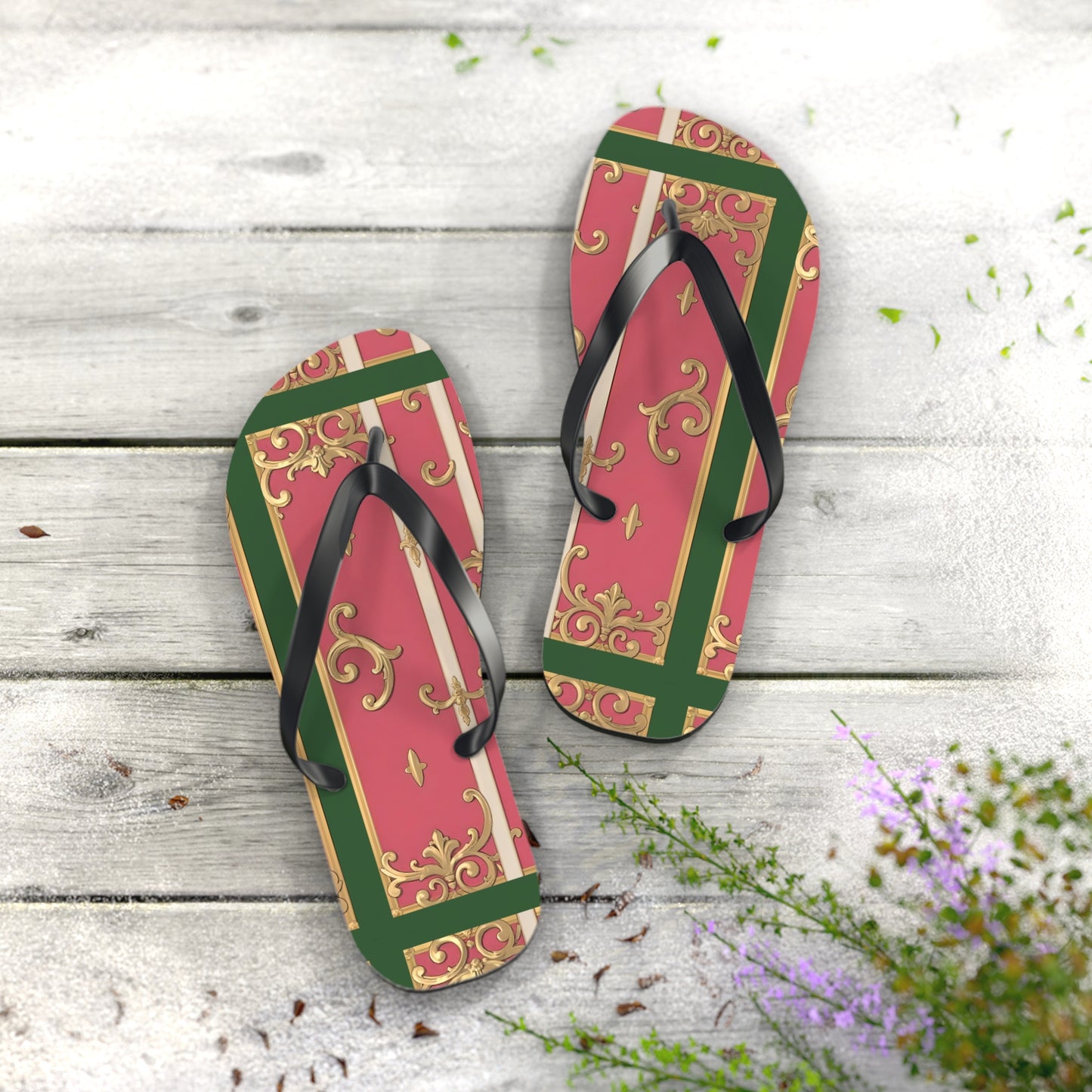 Elegant Green Border Pink Striped Baroque Flip Flops, Summer Footwear, Vacation Sandals, Beach Accessories, Stylish Thong Slippers