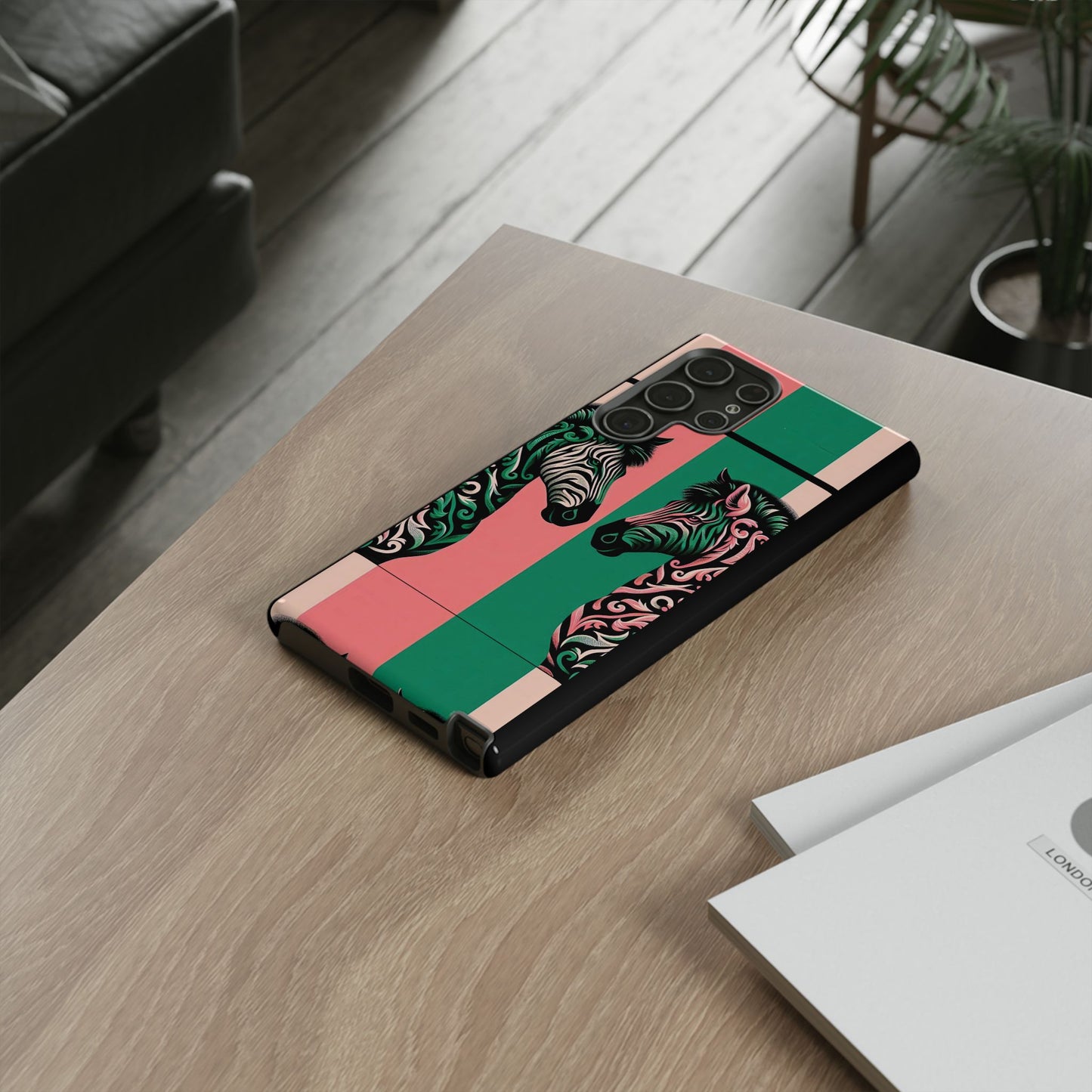 Phone Case - Elegant Pink & Green Zebra Damask Design