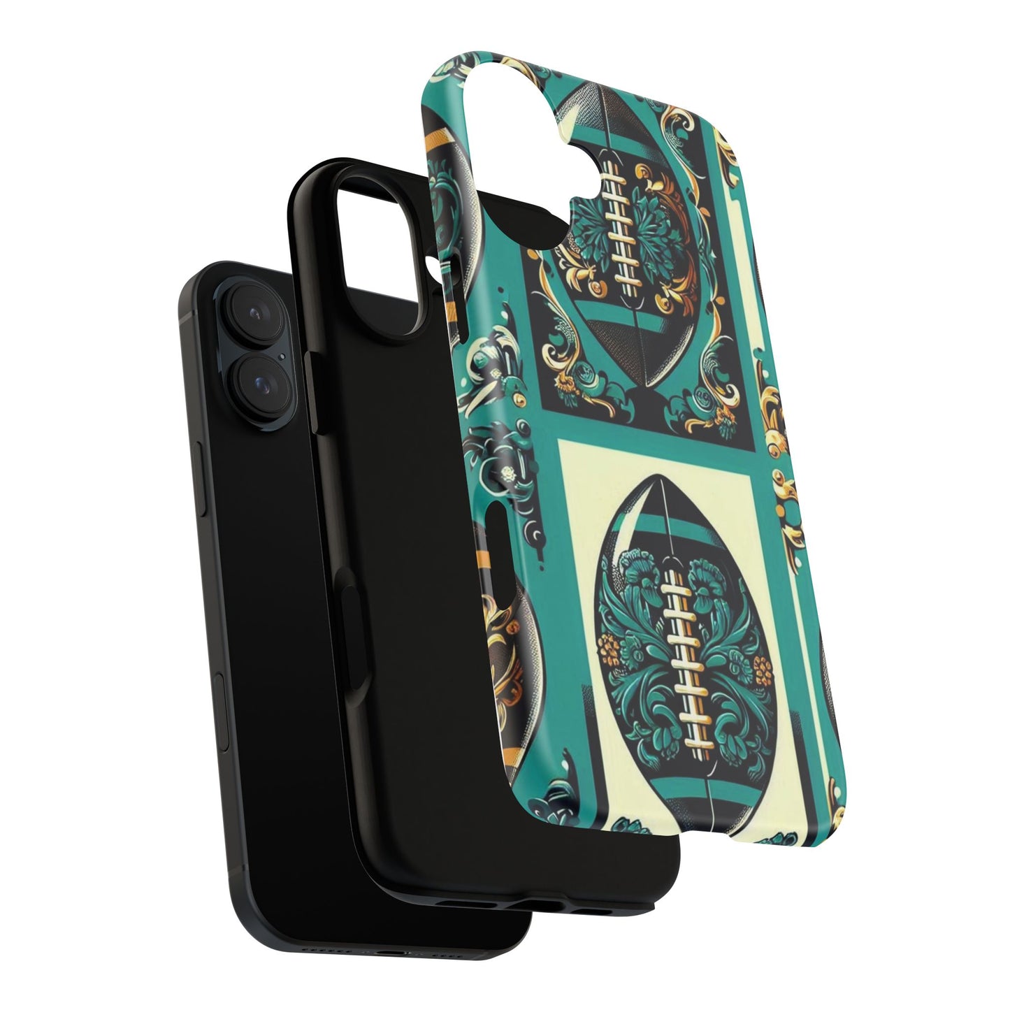 Elegant Floral Motif Phone Case - Tough Cases with Vintage Design -  Damask Teal, Gold & Black Footballs
