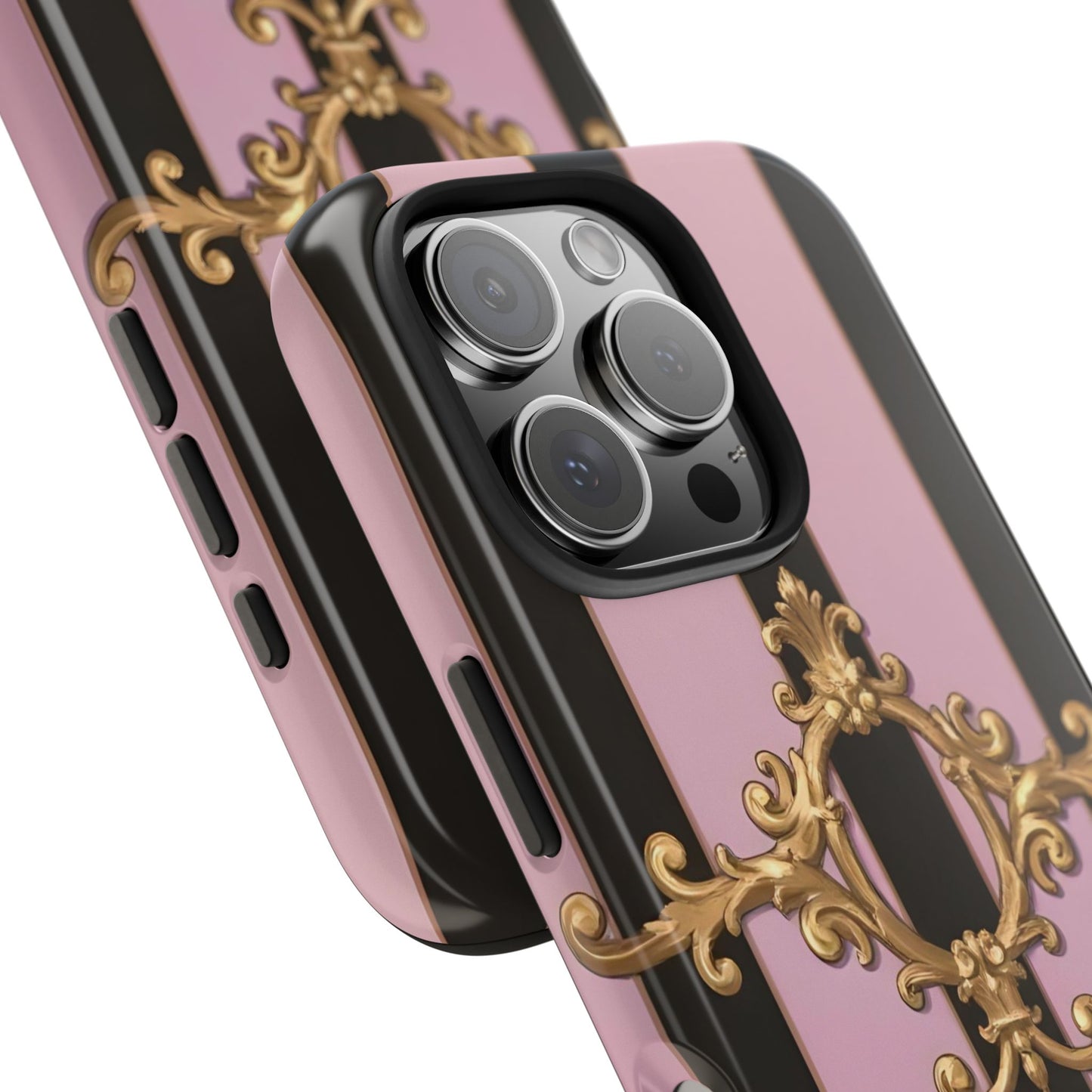 Stylish Tough Phone Case for Elegant Protection, Fashionable Accessories, Smartphone Cover - Matte Lavender & Black Striped Gold Baroque