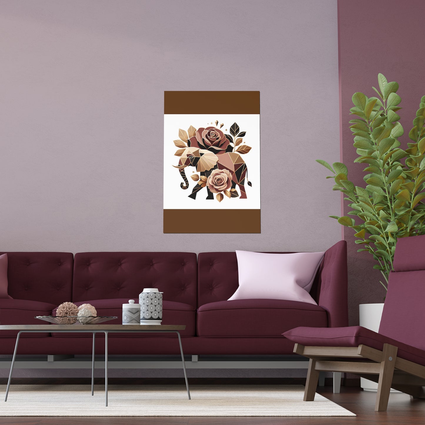 Elegant Floral Silk Poster - Indoor/Outdoor Wall Art for Home Decor - Brown & Gold Elephant & Roses