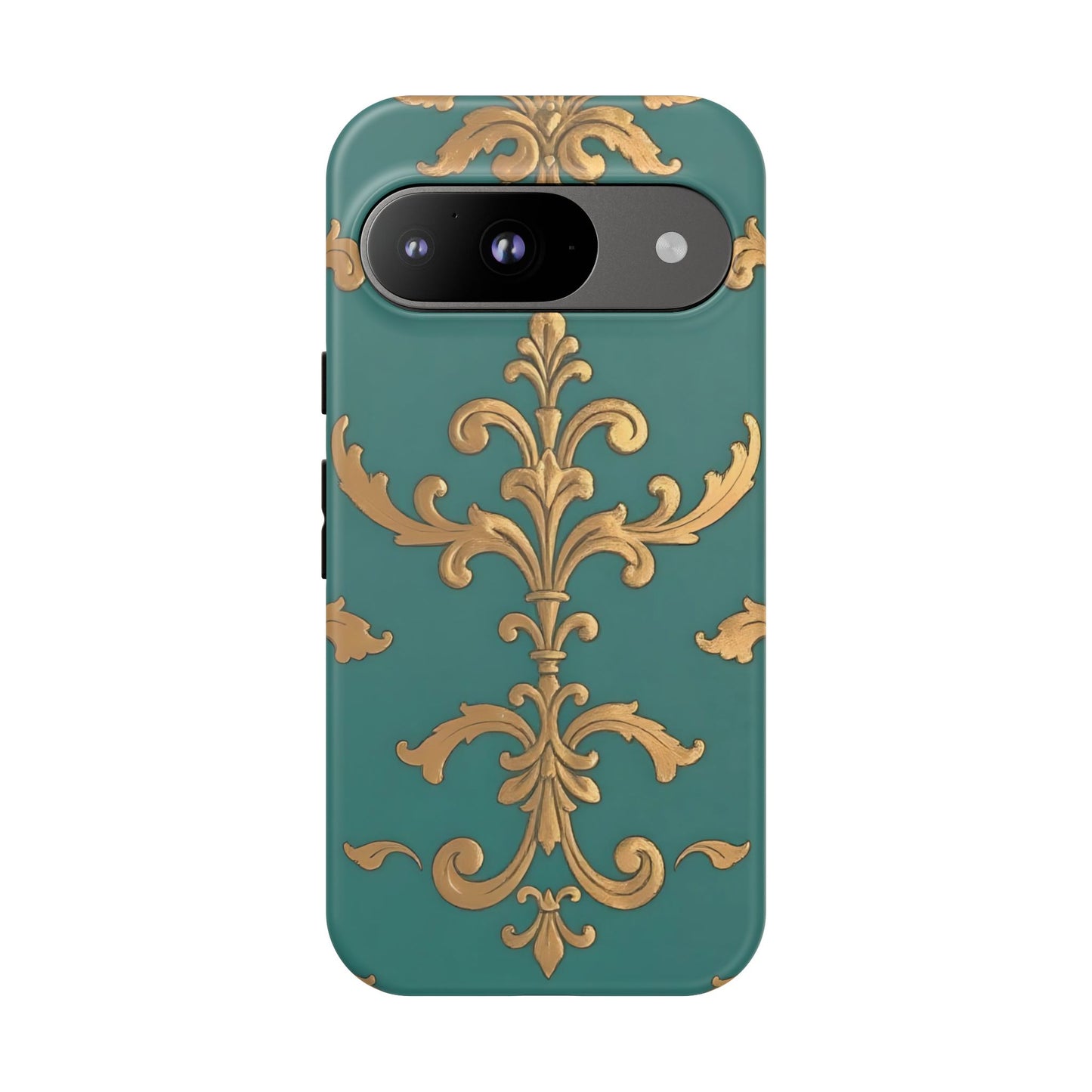Elegant Floral Motif Phone Case - Tough Cases with Vintage Design - Aqua & Gold Damask