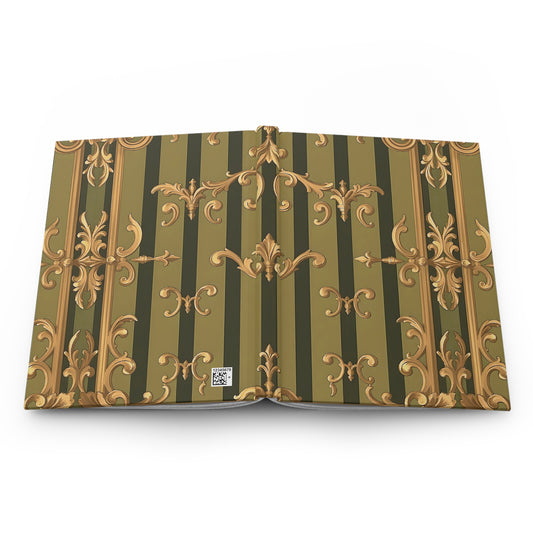 Vintage Floral Hardcover Journal | Elegant Notebook for Writing, Diary, Gifts, Office Supplies - Olive Green Striped Rococo