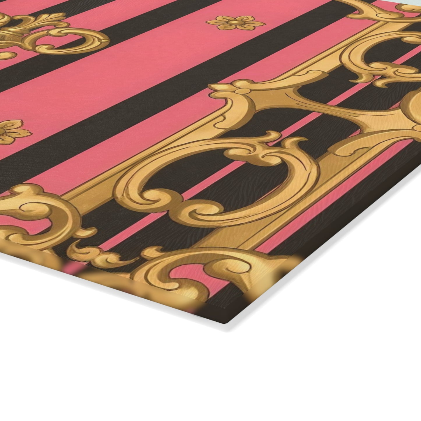 Elegant Pink and Black Glass Cutting Board, Kitchen Decor, Cooking Gift, Housewarming Present - Pink & Black Striped Gold Baroque
