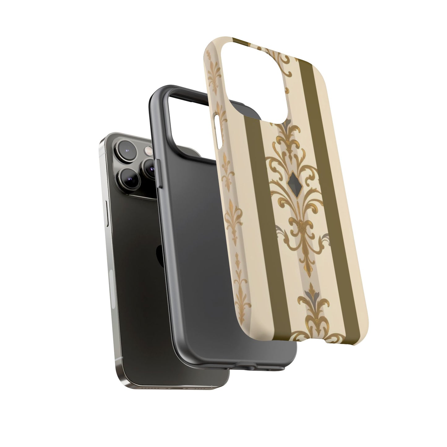 Elegant Floral Motif Phone Case - Tough Cases with Vintage Design - Olive Striped Gold Damask