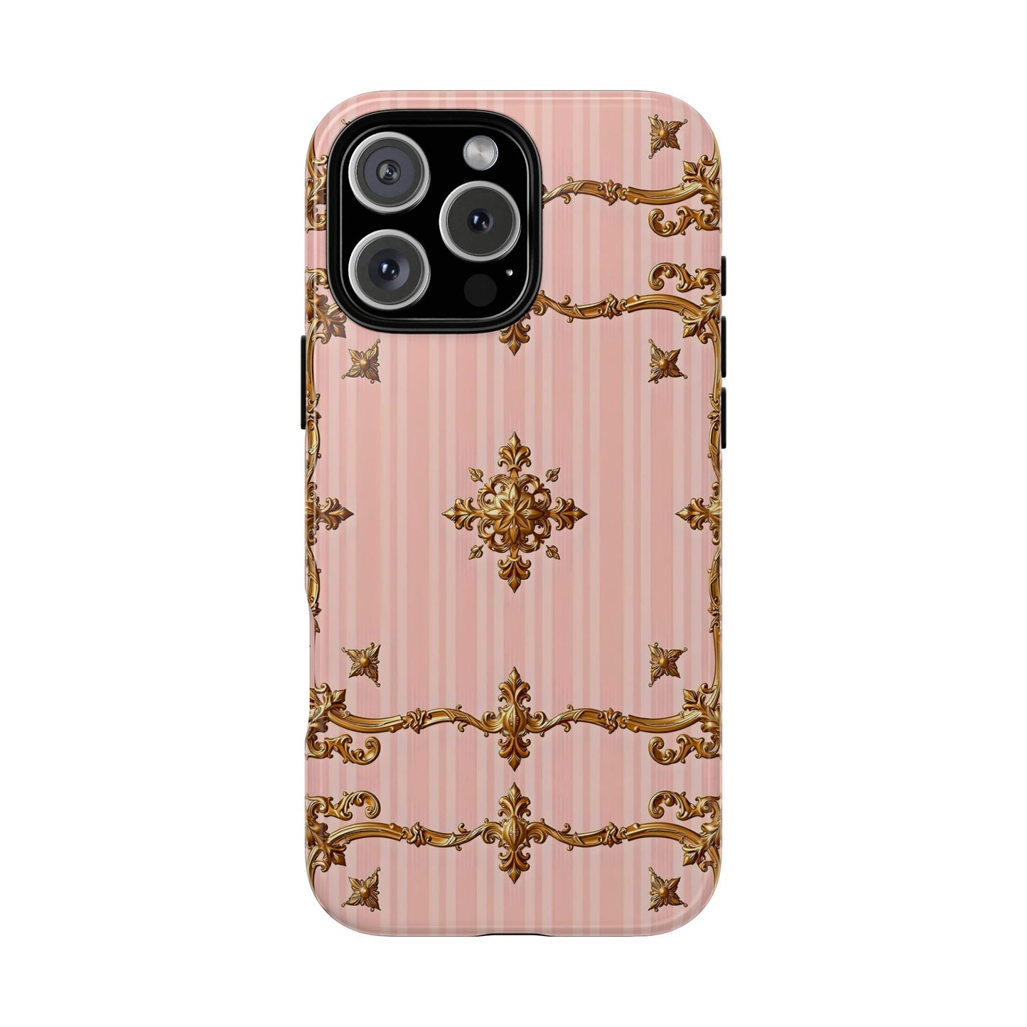 Elegant Floral Phone Case, Tough Cases for Women, Trendy Phone Cover, Chic Gift - Pink Striped Gold Baroque