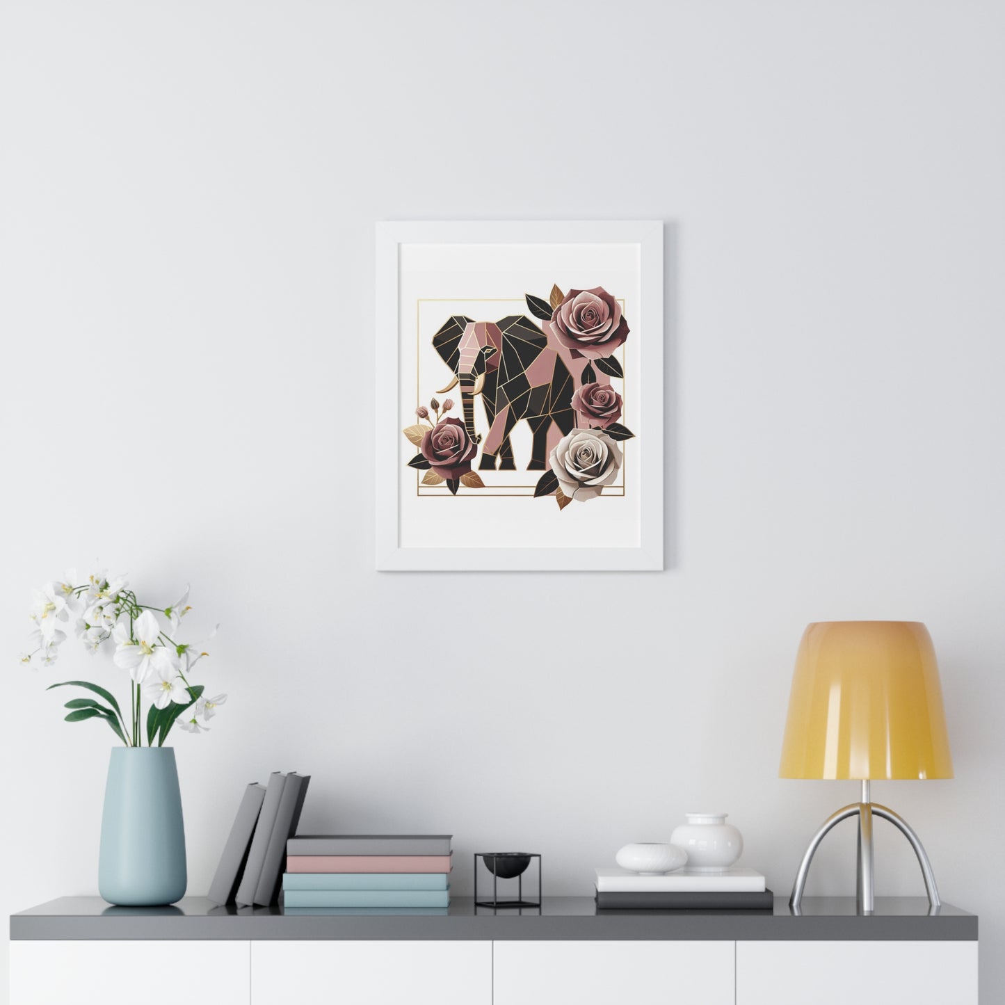 Vertical Poster - Brown & Mauve Elephant & Roses Wall Art