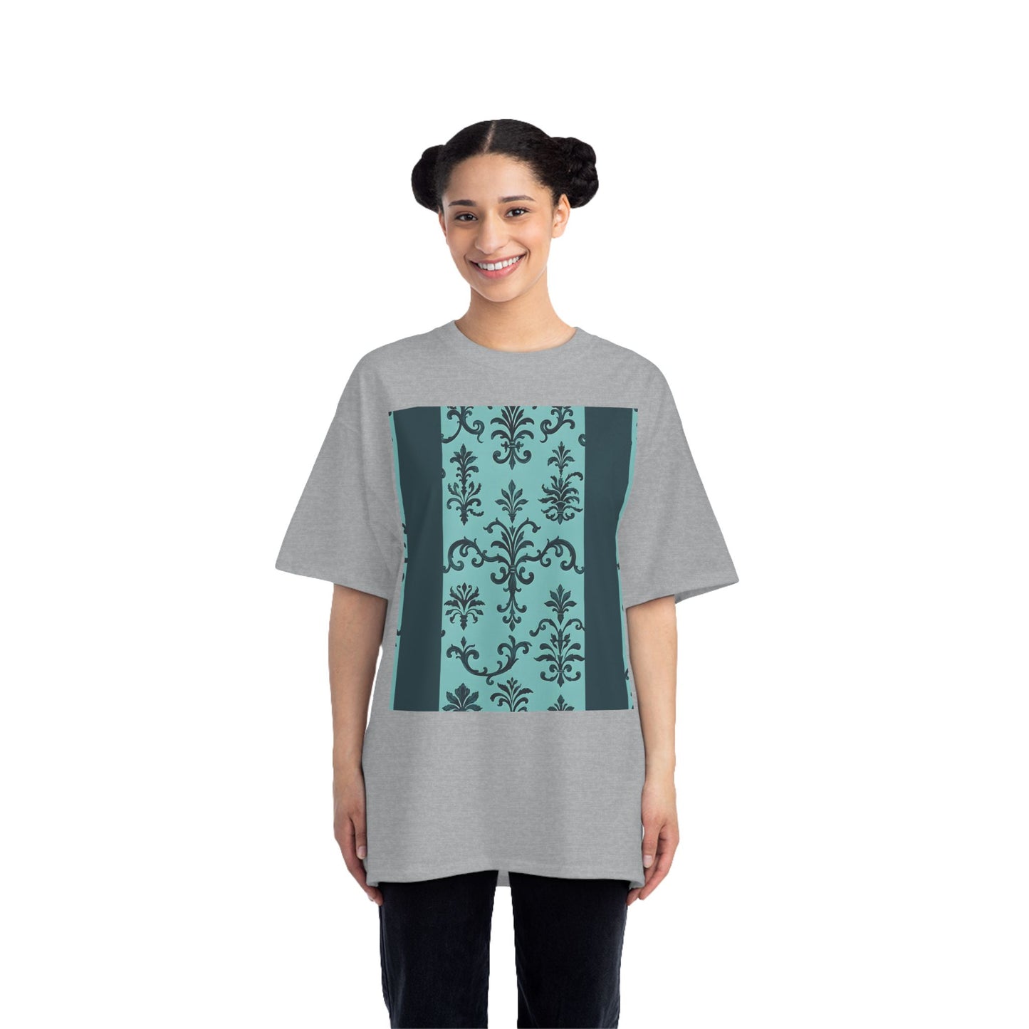 Elegant Floral T-Shirt - Vintage Design, Casual Wear, Gift for Her, Summer Fashion, Stylish Tee - Teal Striped Rococo