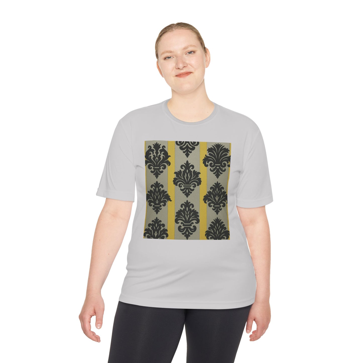 Elegant Patterned Unisex Moisture Wicking Tee, Activewear, Casual Tee, Gift for Him/Her, Stylish Sportswear - Silver & Gold Striped Black Baroque