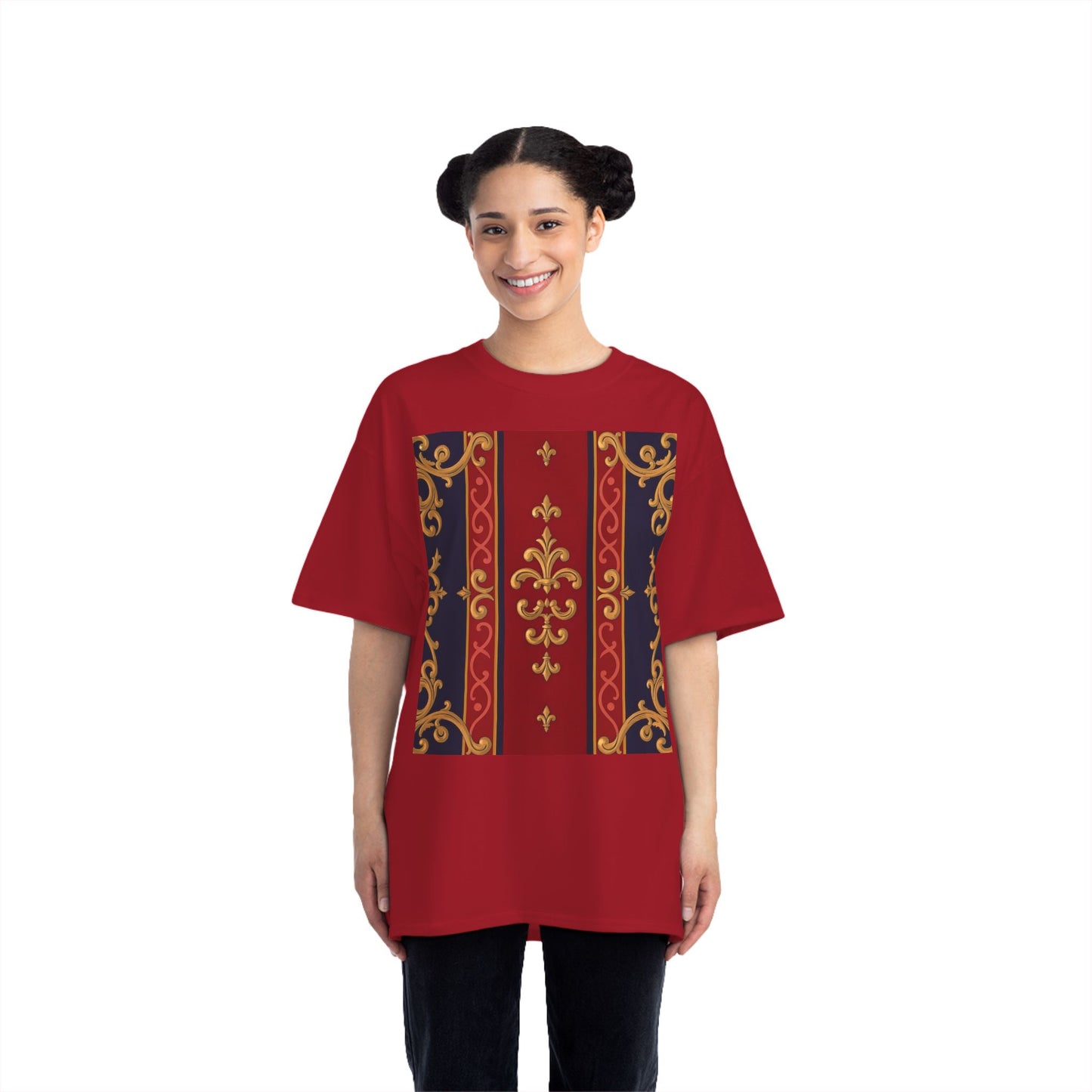 Elegant Patterned Short-Sleeve T-Shirt, Stylish Tee, Vintage Design Top, Casual Wear, Fashionable Gift - Midnight Blue & Dusk Red Gold Baroque