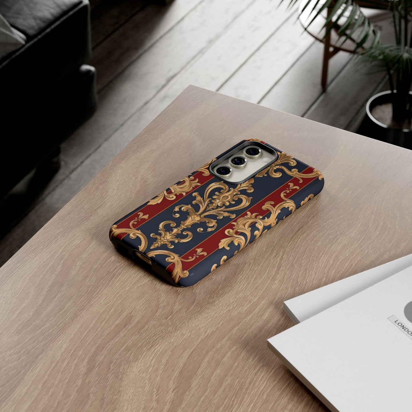 Elegant Floral Motif Phone Case - Tough Cases with Vintage Design - Midnight Blue & Dusk Red Striped Gold Damask