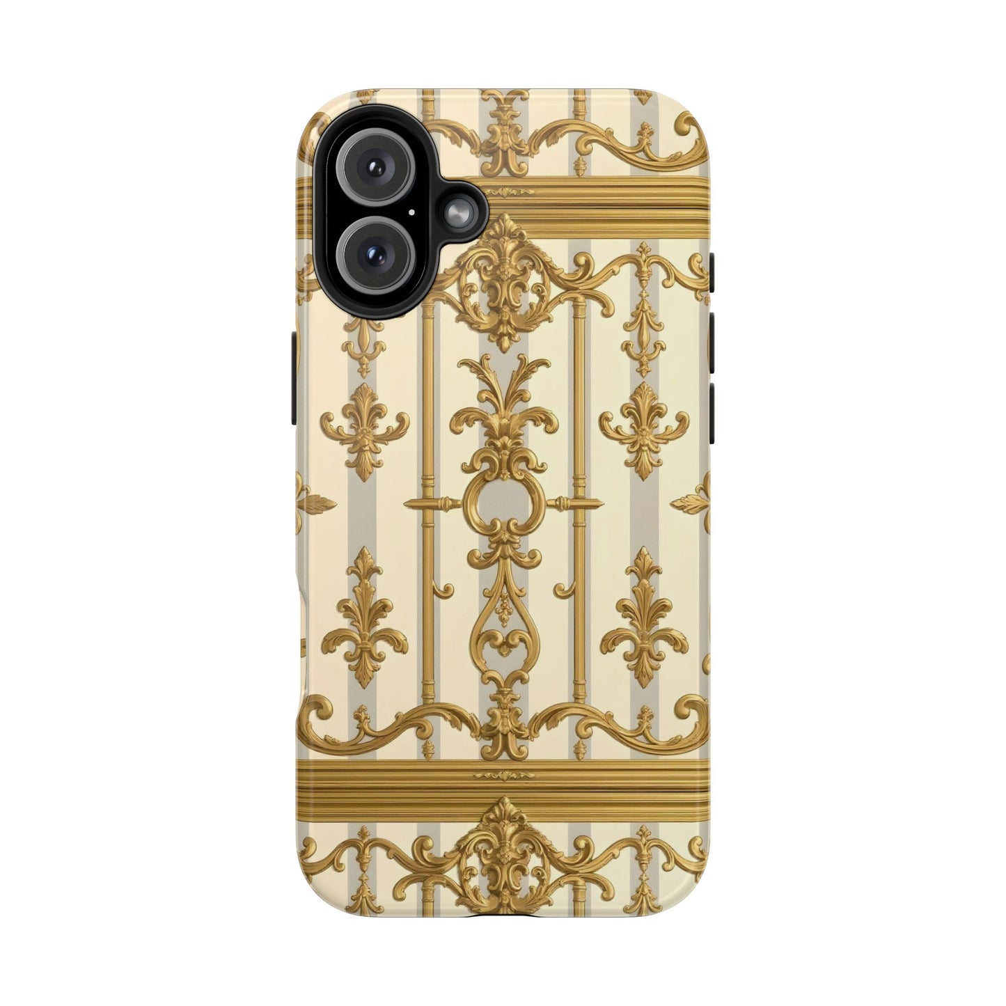 Elegant Gold Pattern Tough Phone Cases | Stylish Phone Covers, Trendy Cell Phone Accessories - Matte Gray & Cream Striped Gold Baroque