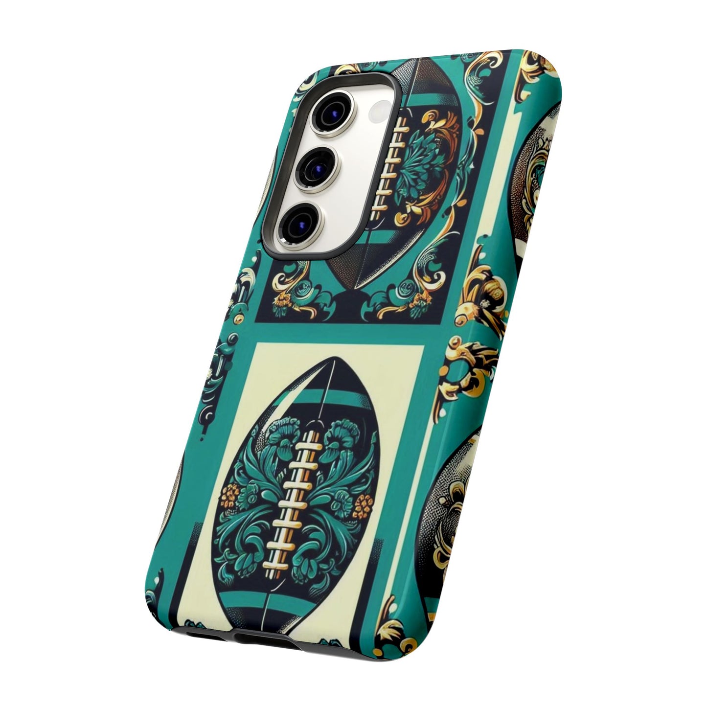 Elegant Floral Motif Phone Case - Tough Cases with Vintage Design -  Damask Teal, Gold & Black Footballs