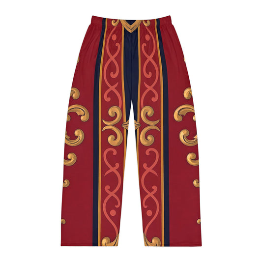Men's Pajama Pants - Luxurious Red Patterned Lounge Wear, Gift for Him, Stylish Nightwear - Midnight Blue & Dusk Red Gold Baroque