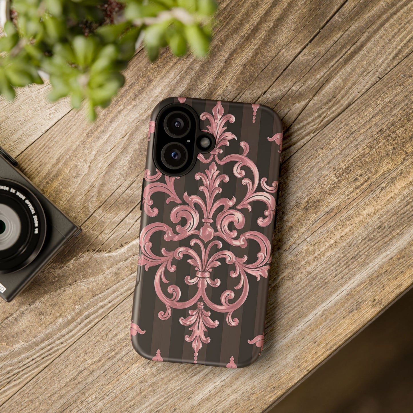 Elegant Floral Motif Phone Case - Tough Cases with Vintage Design - Brown Striped Mauve Damask