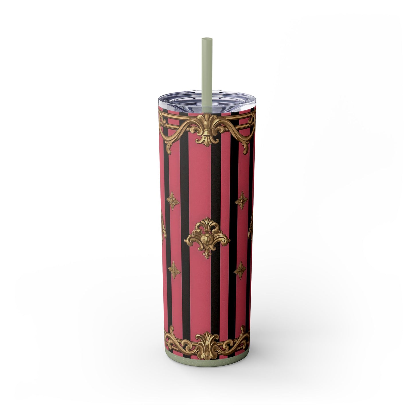 Elegant Pink Striped Skinny Tumbler with Straw, 20oz, Stylish Drinkware, Custom Gift Idea, Travel Mug, Wedding Gift - Pink Striped Gold Rococo