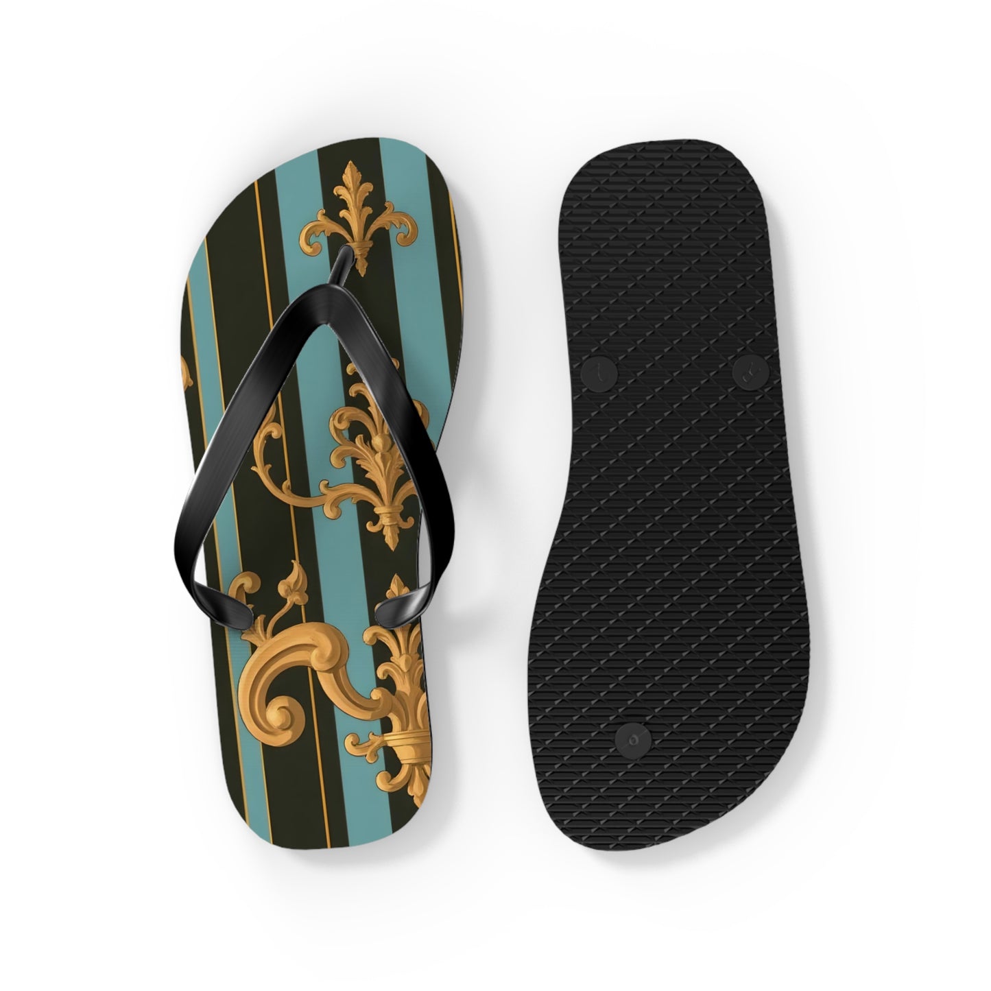 Elegant Striped Flip Flops, Stylish Beach Sandals, Summer Footwear, Vacation Essentials - Black & Turquoise Striped Baroque