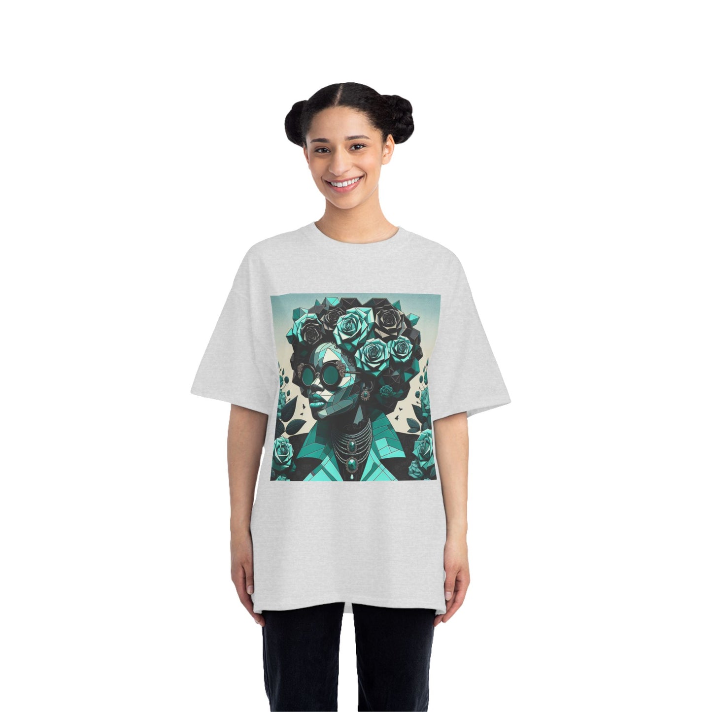 Trendy Floral Graphic Tee | Artistic Short-Sleeve Shirt, Fashionable Summer Top, Chic Gift for Her - Turquoise & Black Roses Lady