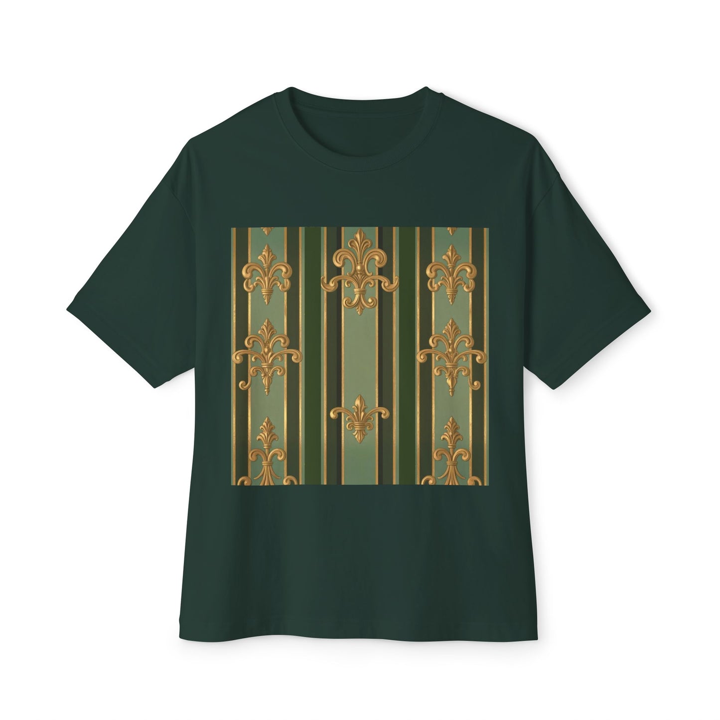 Elegant Vintage-Inspired Boxy Tee, Relaxed Fit Graphic T-Shirt, Floral Design Top, Perfect for Casual Outings - Green Striped Gold Baroque